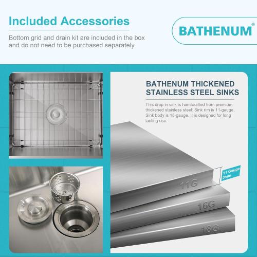 22 x 18 Drop in Kitchen Sink 304 Stainless Steel Single Bowl Topmount Kitchen Sink with Drain Kit and Bottom Grid, Brushed