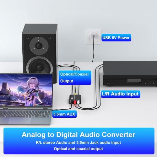 Analog to Digital Audio Converter, RCA & 3.5mm to Optical Toslink Coaxial, Stereo L/R to Digital Audio Adapter with Optical Cable, Aluminum Housing, for PS4, Xbox, HDTV, DVD, Headphones