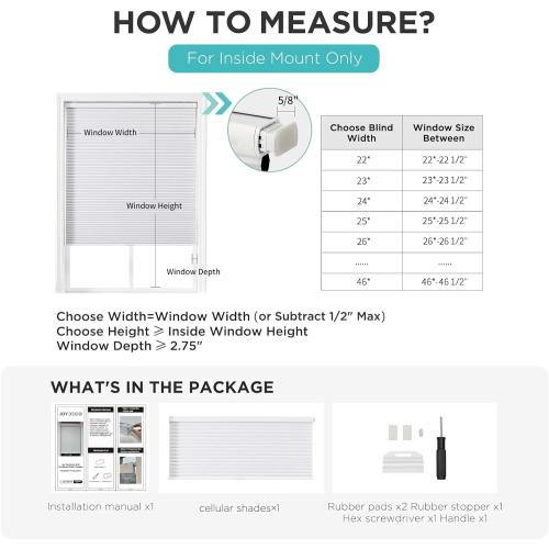 Joydeco No Tools No Drill Window Blinds for Indoor Windows, Blackout Shades Cellular Shades Cordless, No Drill Blinds for Windows, Window Shades for Home, Bedrooms, Doors (White, 36 W x 64 H)
