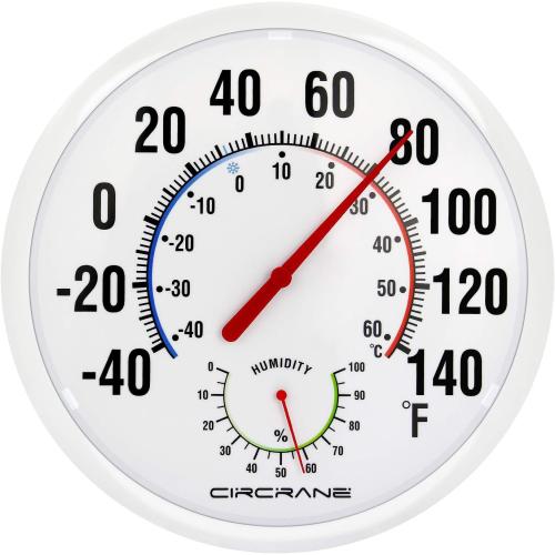 White 13.25 Circrane 13.25 Inch Round Thermometer with Hygrometer, Large Indoor Wall Patio Bimetal Weather Thermometer, No Battery Required, White