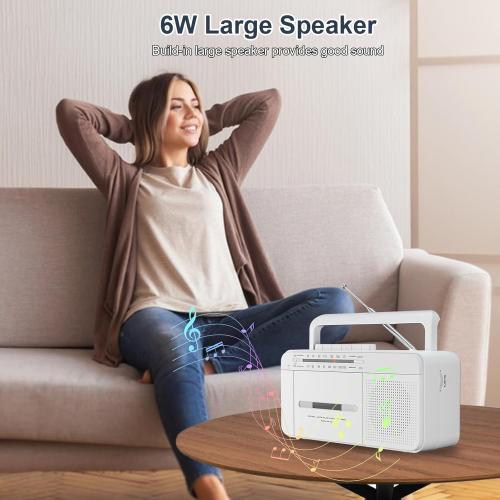 Portable Cassette Player Recorder Boombox with AM/FM Radio, AC or Battery Powered Vintage Casette Tape Player with Loud Speaker and Earphone Jack for Home or Outdoor White