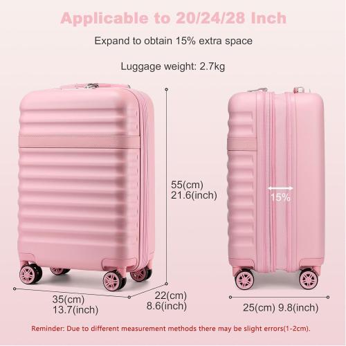 Kono Airline Approved Carry On Luggage, 22x14x9 inches, with TSA Lock, 20 Inch Expandable Lightweight Hardshell Suitcase (Pink, Suitable for 1-3 Days of Travel) ❗MISSING EXTENDING HANDLE❗