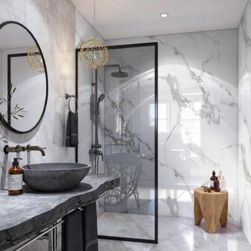 Marble Peel and Stick Waterproof Wall Paneling, Carrara White Glossy Finish Self-Adhesive Backsplash Tile Vinyl Wall Panel for Kitchen Bathroom Wall Decor,