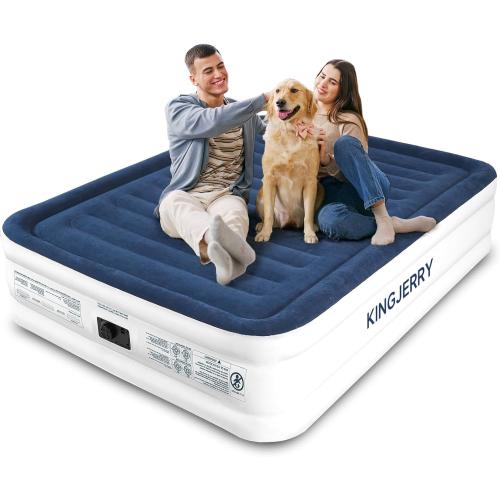 KINGJERRY Queen Air Mattress with Built in Pump, Blow Up Mattress Queen 18 Raised Comfort, Upgrade Surface Inflatable Mattress, Leakproof Air Bed for Home Guests&Camping, 800 lbs Max, 3-Min Inflation
