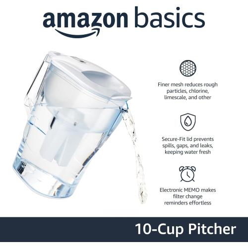 Amazon Basics 10-Cup Pitcher with Filter, Compatible with Brita Water Filter Pitcher for Clean, Crisp Water, WQA and NSF Certified, Made in Europe