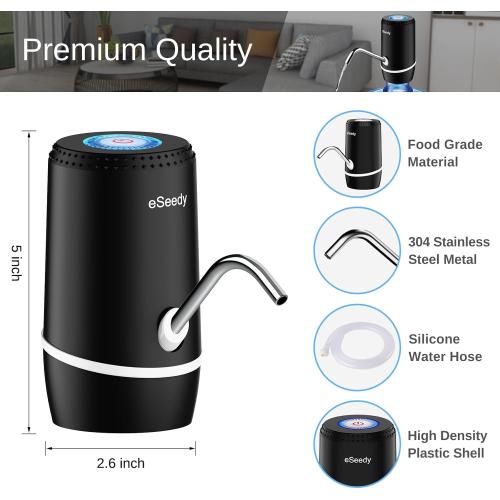Water Pump for 5 Gallon Bottle, USB Charging Automatic Water Dispenser with Rechargeable Battery, Portable Electric Drinking Water Jug Pump for Home, Kitchen, Living Room, Office, Camping - Black