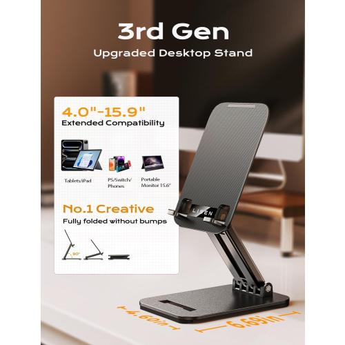 LISEN Tablet Stand for iPad Holder Desk Portable Monitor, Foldable Home Office Desk Accessories Kindle Stand Travel for iPad Holder Dorm College Essentials Fits Tabs iPhone 4-15.9 Black