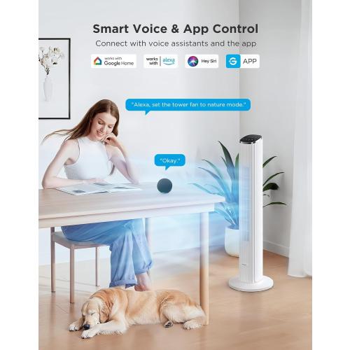 GoveeLife White Tower Fan for Bedroom, 36 Smart Floor Fan with App/Voice Control, Temperature Sensor, 5 Modes 8 Speeds(25ft/s), 29dB Quiet Oscillating Fan for Office, 24H Timer, Auto Cooling