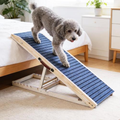ZJSF Foldable Wooden Dog Ramp for High Bed, Dog Stairs for Small Dogs, High Traction Platform with 6 Adjustable Heights (14-28), 48 L, Supports up to 200 lbs