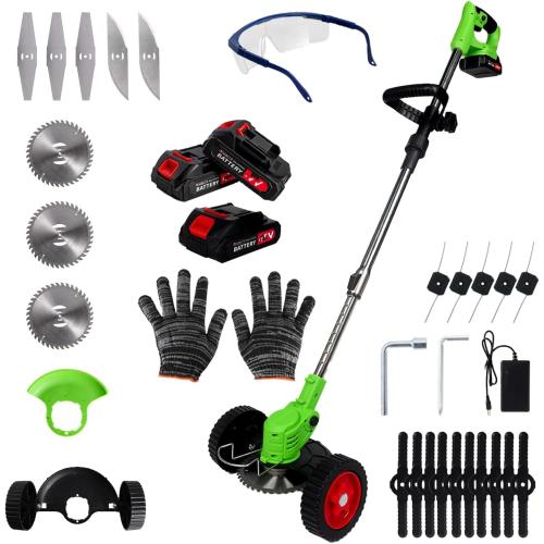 Electric Weed Wacker Cordless Eater 3 Battery, Foldable and Lightweight Grass Trimmer/Brush Cutter,5 Types Blade&Wheels 21V 2.0Ah Battery (3 Pieces) Powered for Garden and Yard (Non-Foldable)