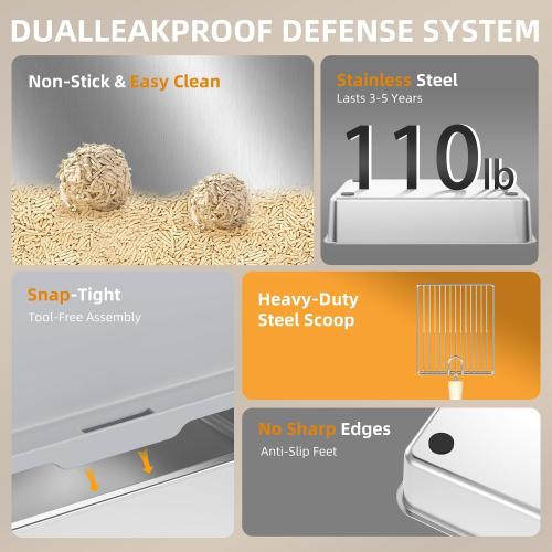 Stainless Steel Litter Box - 28 Extra Large XXXL Cat Litter Box with High Sides, Non-Sticky & Anti-Leakage for Big Cats/Multiple Cats, Includes Heavy Duty Metal Scoop, Grey