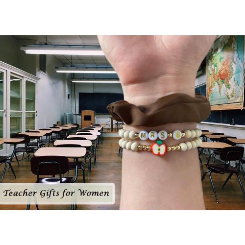 Personalized Teacher Bracelet for Women, 2 Pcs Initial Mrs Miss Ms Teacher Appreciation Gifts With Card From Student Friends, Thank You TEACH Gift for Women