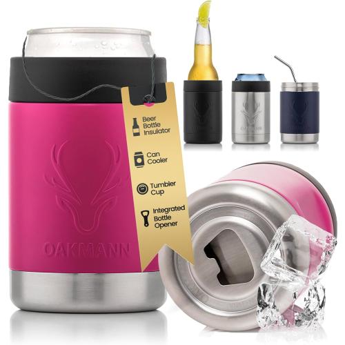 OAKMANN Beer Cozy with Bottle Opener, Insulated Can Cooler 12 oz Bottle Holder, 3 in 1 Stainless Steel Insulator, 4 in 1 Universal Can Coozie for Cans Bottles Seltzer, Beer Gifts for Her - Pink