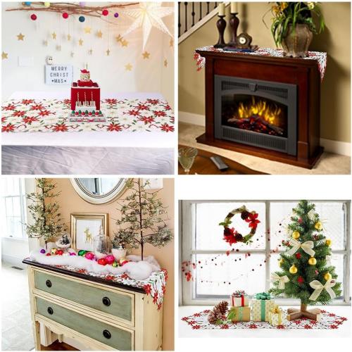 OurWarm Christmas Embroidered Table Runners Poinsettia Holly Leaf Table Linens for Christmas Decorations 15 x 70 Inch
