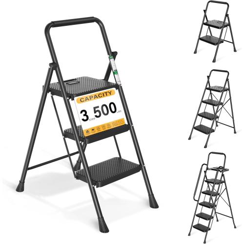 Arbusb Step Ladder, Folding Step Stool with Wide Anti-Slip Pedals, Sturdy Steel Ladder with Handrail, Space-Saving, Portable for Home & Adults, 3 Step Black