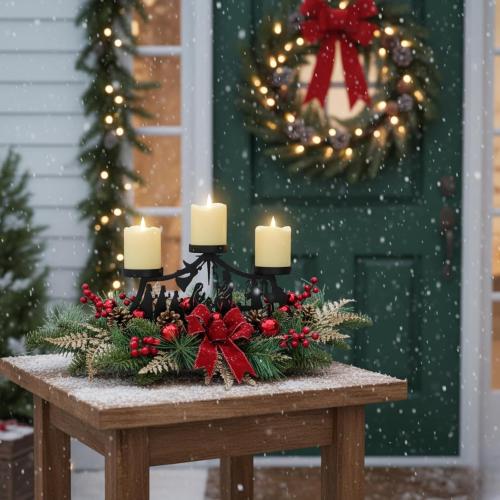 Christmas Candle Holder Christmas Decorations 3 Candle Holders with Metal Nativity Scene Black Silhouette Cedar Branches Pine Needles Berries Red Bow and Ball Ornaments for Xmas Decorations