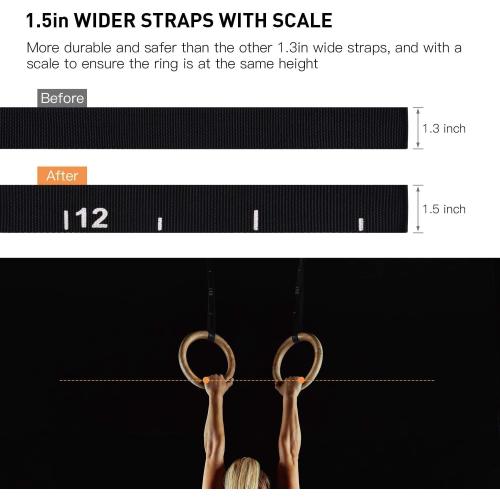 PACEARTH Gymnastics Rings Wooden Olympic Rings 1500/1000lbs with Adjustable Cam Buckle 14.76ft/9ft Long Straps with Scale Non-Slip Gym Rings for Home Gym Full Body Workout