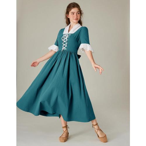 size L SCARLET DARKNESS Women's Colonial Pioneer Costumes Retro Pastoral Pilgrim Historical Dress with Pockets Cerulean L