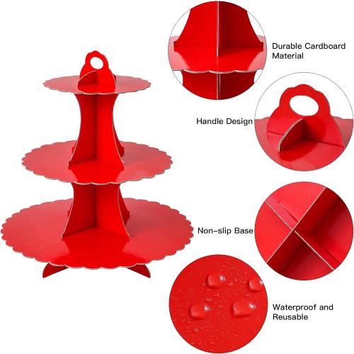 Soleebee 3-Tier Cupcake Stand, Cardboard Cupcake Tower, Dessert Cup Cake Stand Tower for Birthday Wedding Party Decoration, Cupcake Tier Stand 2 Set (Red)