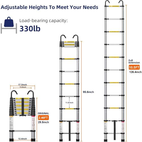 ZenAscend 10.5ft Telescoping Ladder, Multi-Purpose Collapsible Ladder with Hook, Aluminum Extension Ladders for Home, Folding Telescoping Ladder for RV, Attic, Daily Use at Home, 330 lbs…