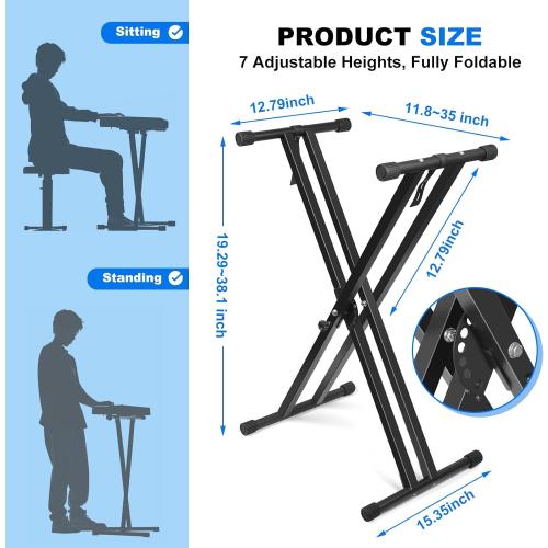 Black Keyboard Stand, Height Adjustable Keyboard Stand, Keyboard Stand with Quick Release Mechanism, Double X Foldable Heavy Duty Instrument Stand with Locking Straps for 54-61-88 Key Electronic Pianos