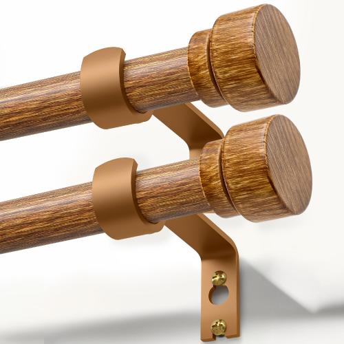 2 Pack Wood Curtain Rods for Windows 66 to 120 Inches 1 Diameter Boho Decorative Heavy Duty Window Curtain Rod Set Adjustable with Handmade Wood Grain Design for Living Room Bedroom Kitchen