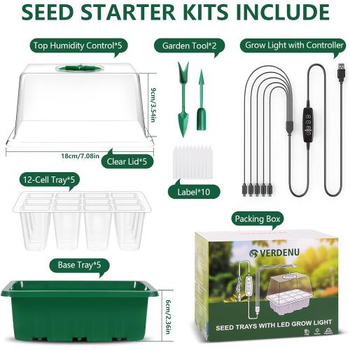 Verdenu Seed Trays with Grow Light, 5 Pack Seed Starter Tray with Timing Controller, 60-Cells Seed Starter kit Adjustable Brightness and Humidity, Thicken Seedling Trays for Greenhouse & Garden
