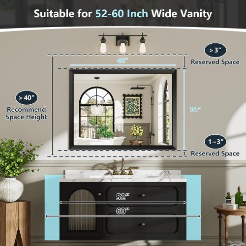 48x36 Inch Black Bathroom Mirror for Wall, Beveled Framed Rectangle Bathroom Vanity Mirrors for Over Sink, Bedroom, Living Room, Entryway, Anti-Rust, HD Tempered Glass, Horizontally/Vertically
