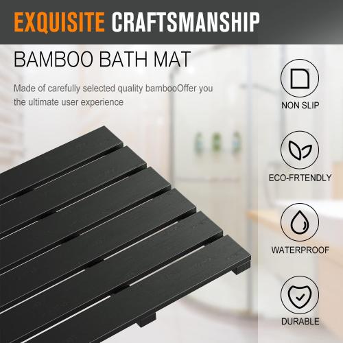 Black Bath Mat for Bathroom Luxury Shower - Non-Slip Bamboo Wooden Waterproof Floor Mat for Indoor or Outdoor Use(Black)