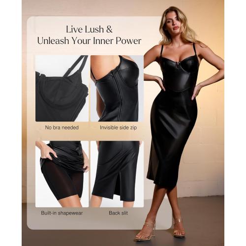 Size M Popilush Corset Shapewear Dress Faux Leather Club Midi Dress V Neck Night Out Bodycon Dresses for Women