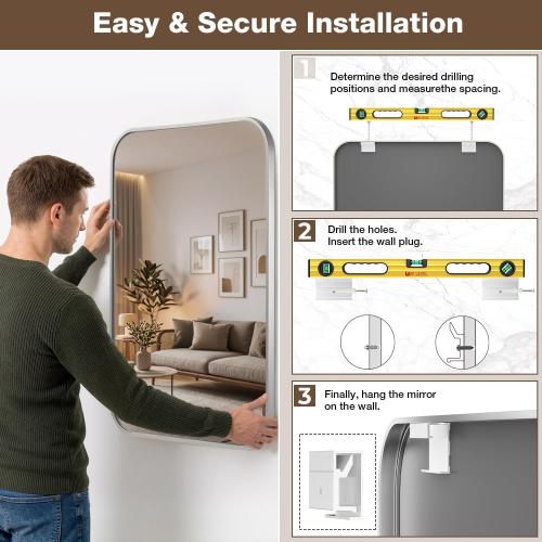 24x36 Bruhed Nickel Rectangle Vanity Bathroom Mirror, Set of 2 | Aluminum Alloy Frame, Clear Reflection, Rust-Resistant, Vertical or Horizontal, Wall Mount, Bedroom and Entryway