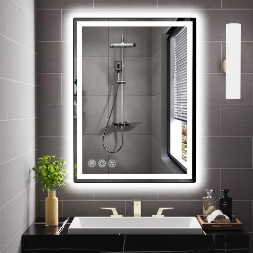 Memobarco 32 x 24 LED Bathroom Mirror with Lights, Memory Vanity Mirror | Anti-Fog, 3 Color Modes, Dimmable, Front Lit, Memory Function, Tempered Glass, Lighted Bathroom Mirror for Wall