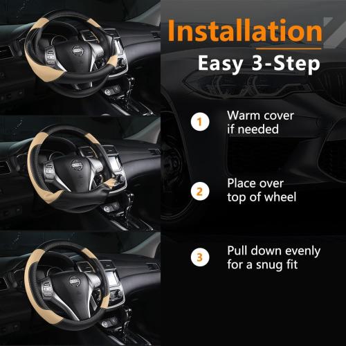 Leather Car Steering Wheel Cover, Universal Fit for Most Cars, Beige