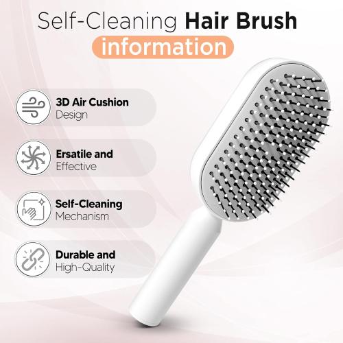 White Self-Cleaning Hair Brush, 3D Air Cushion Design, Detangling Paddle Brush with Holder, All Hair Type (WHITE)