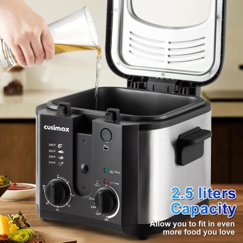 CUSIMAX Electric Deep Fryer for Home Use, 2.5 Liter 1500W Small Deep Fryer with Basket, Adjustable Temperature & Time, Lid with View Window and Odor Free Filter