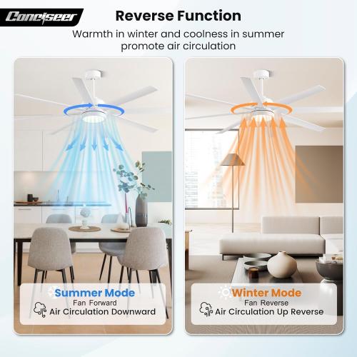 Modern Ceiling Fans with Lights, 65 Inch Ceiling Fan with Light and Remote for Bedroom Living Room Kitchen Office, Indoor/Outdoor Use, 24W 6CCT 8 Blades 6 Speed Reversible Quiet DC Motor, White