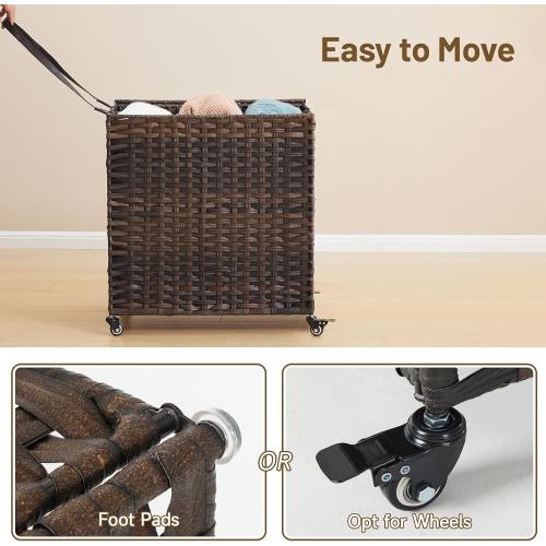 Laundry Hamper with Wheels, 39.6 Gallon(150L) Rolling Laundry Basket with Lid, 3-Section Rattan Clothes Hamper with 3 Removable Liner & 3 Mesh Bags, Laundry Sorter with Side Pocket, Brown