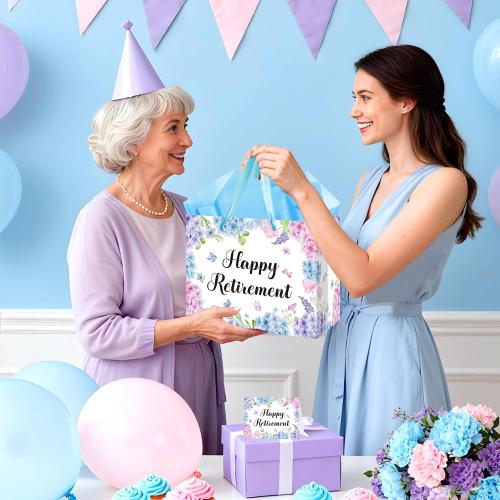 Happy Retirement Gift Bag for Women Blue Floral Retirement Gift Bag with Tissue Paper Greeting Card Hydrangea Retired Gifts for Happy Retirement Office Coworkers Farewell Going Away Party Decorations