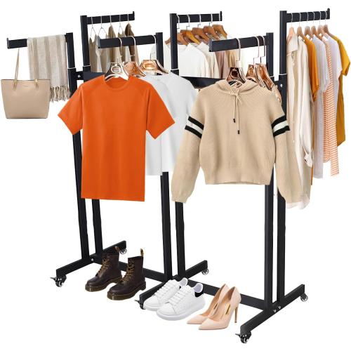 Retail Clothing Display Racks, Black Heavy Duty Garment Rack with Wheels | Floor Standing Metal Display Racks, 6 Straight Arms Clothing Rack for Hanging Clothes, Boutiques Adjustable Shirt Rack