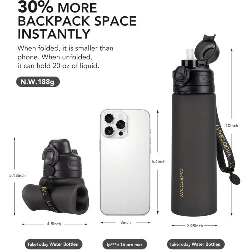 TakeToday Collapsible Water Bottles 20oz (600mL), Foldable Platinum Silicone Travel Water Bottle with Straw & Carry Strap, Leak-Resistant Screw Lid, Wide Mouth, BPA-Free for Hiking, Camping, Travel