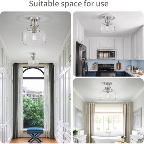 WUZUPS Chandelier Rustic Farmhouse Industrial Round Semi-flushmount Ceiling LED Light Fixture with Clear Glass Shades for Bathroom Kitchen Foyer Entryway, H 10 x W 10, E26 Base, Brushed Nickel