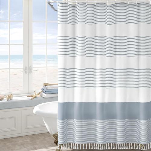 Awellife Blue Shower Curtain Beach Ocean Coastal Nautical Shower Curtain for Bathroom Stripe Tassel 72 X 72 Inches Cotton