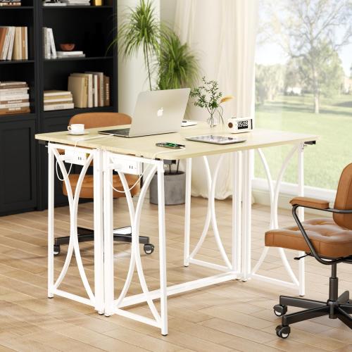 Folding Table, 31.5 Small Desk for Bedroom with Power Outlet, Space Saving Foldable Computer Desk for Home Office, Easy Assembly, Beige