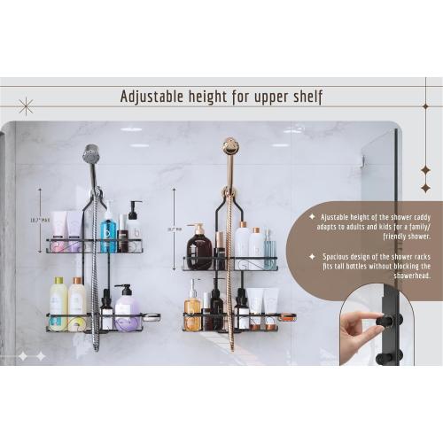 Adjustable Shower Caddy Hanging Rustproof Shower Caddy for Handheld Showerheads, Shower Organizer with Hooks Soap Holder Toothbrush Holder, Anti-Swing Shower Rack Bathroom Accessories, Black (Black)