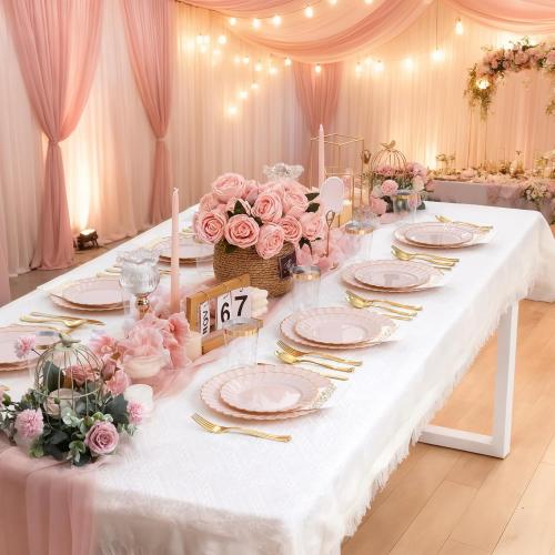 YOUBET 60PCS Pink Scalloped Plastic Plates - Hard Pink and Gold Fancy Disposable Plates include 30 Gold Dinner Plate, 30 Dessert Plate for Party & Wedding & Baby Shower Valentines Day
