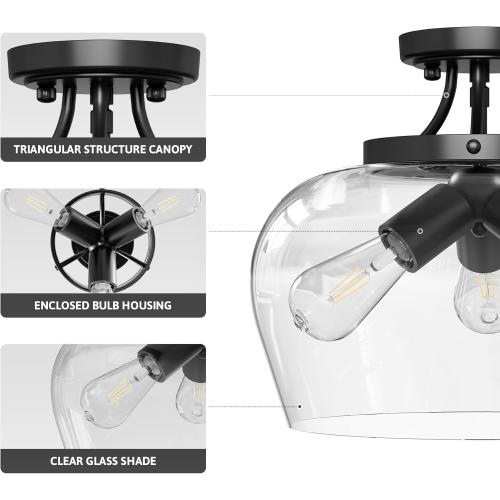 VONLUCE Semi Flush Mount Ceiling Light, 13.8 Ceiling Light Fixture with Clear Glass Shade, E26 Base, 3-Bulb Industrial Lighting Fixture for Hallway Entryway Bedroom, Matte Black, ETL Certificated