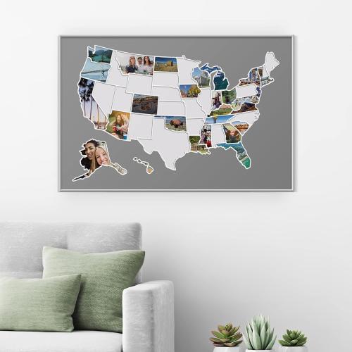 1DEA.me USA Photo Map - 50 States Travel Map - 24 x 36 in - Includes Secure Photo Maker - Easy to Use, Built to Last and Uniquely Yours - Unframed - Gray