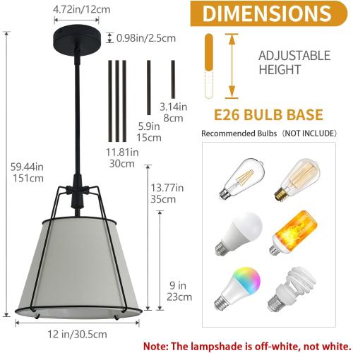 Modern Pendant Light Fixtures with 13 Off-White Linen Fabric Shade, Adjustable Hanging Light Fixture,Drum Black Vintage Chandelier for Kitchen Island Bedroom Dining Room Foyer Entryway
