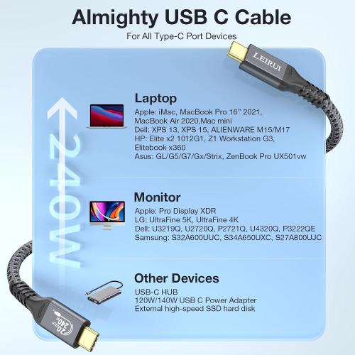 LEIRUI Long USB C to USB C Cable 240W Fast Charging, 20Gbps High Speed Data Transfer Cable 4K@144Hz/60Hz 8K@30Hz Video Type C Monitor Compatible with Thunderbolt 3/4,MacBook Pro