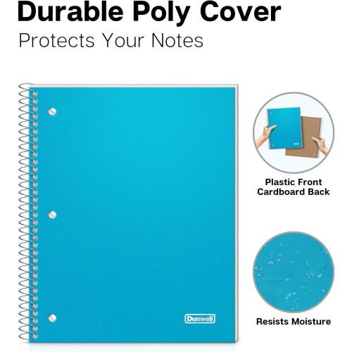 Dunwell 1 Subject Spiral Notebooks, (3-Pack, Red Blue Black) 8x10.5” Paper, Wide Ruled Lines, Plastic Covers, 100 Sheets (200 Pages), 3-Hole Punched Perforated Pages, Divider with Pockets